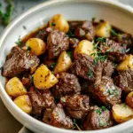 crockpot garlic butter beef bites with potatoes