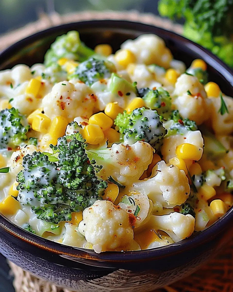 Creamy Broccoli Cauliflower Corn Delight with Turkey Bacon