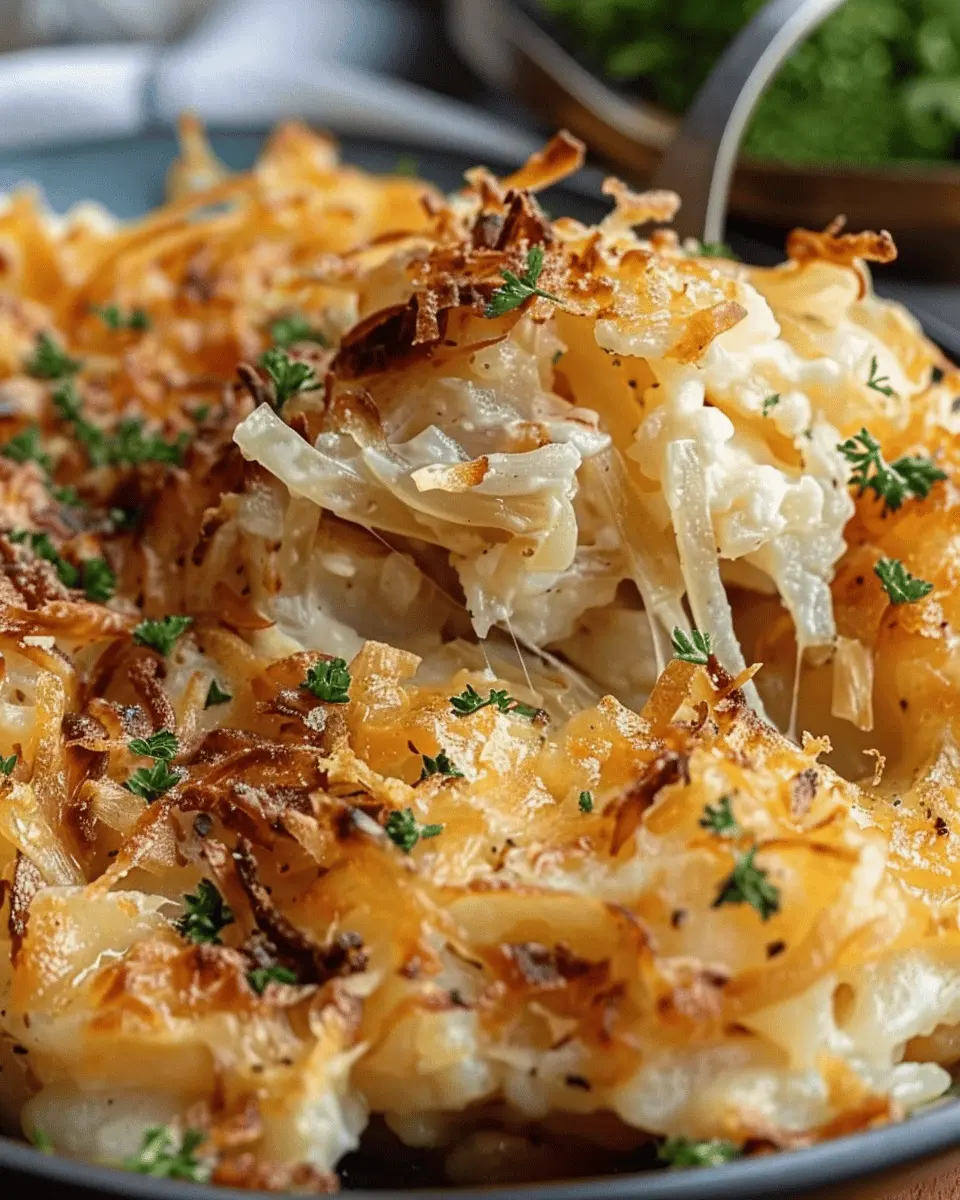 French Onion Funeral Potatoes with Turkey Bacon and Chicken Ham