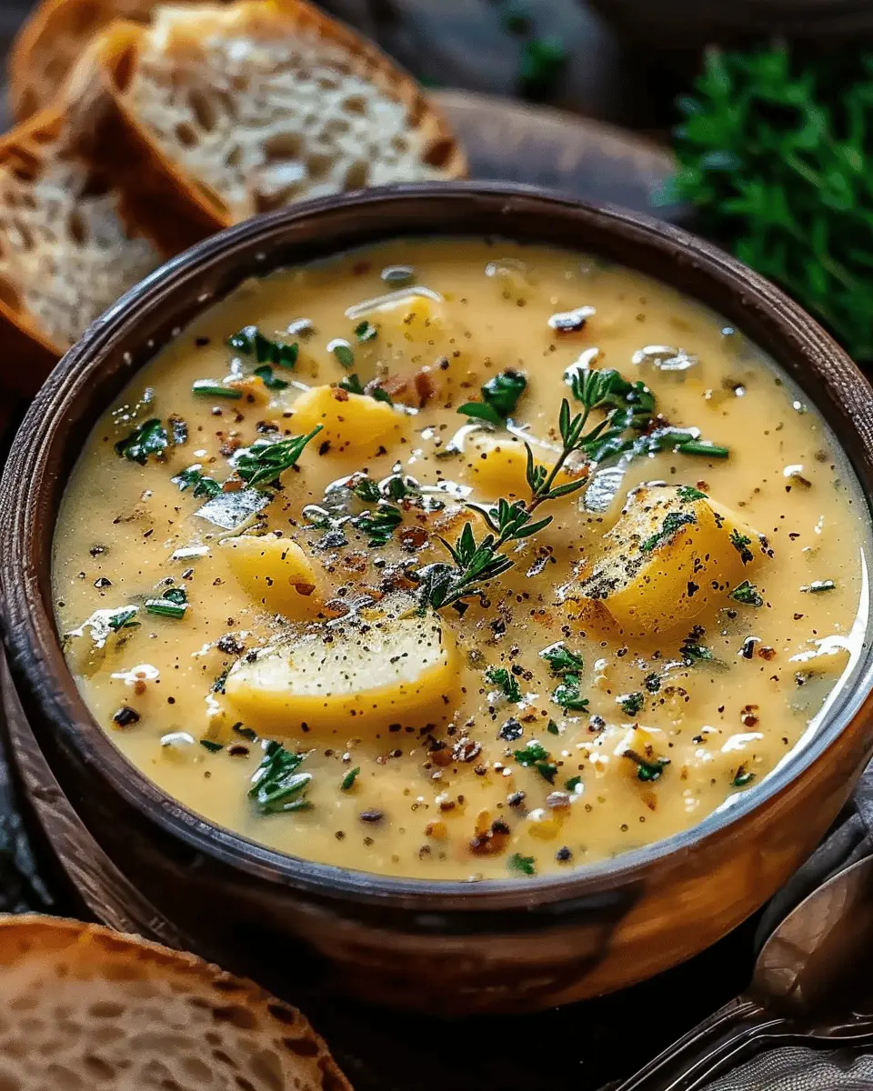 Hearty Cheddar Garlic Herb Potato Soup with Turkey Bacon Delight
