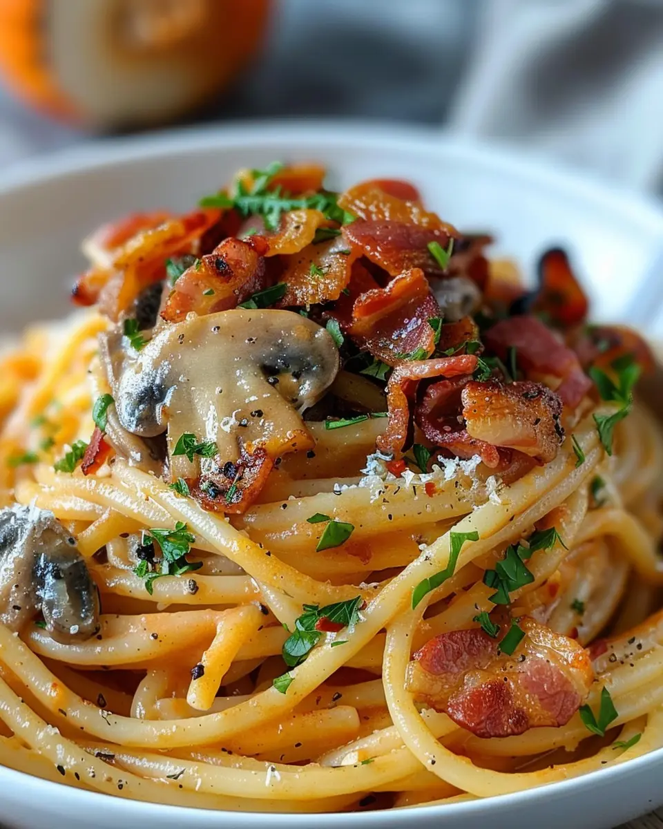 Pumpkin & Mushroom Spaghetti with Crispy Turkey Bacon Delight