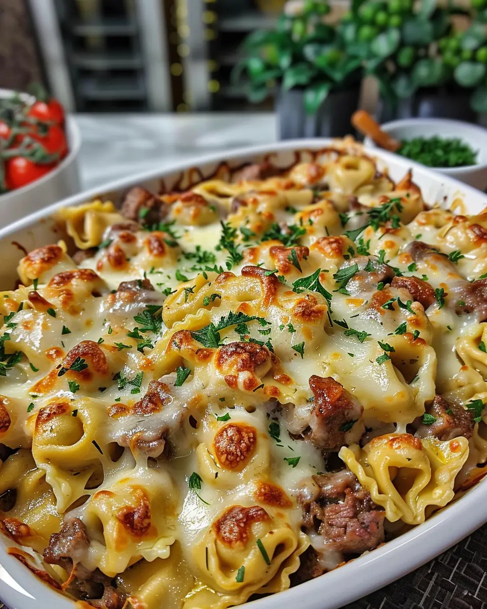 Golden Cheese Steak Tortellini Casserole: Easy Comfort Food Delight