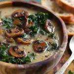 Wild Mushroom, Caramelized Onion and Kale Soup